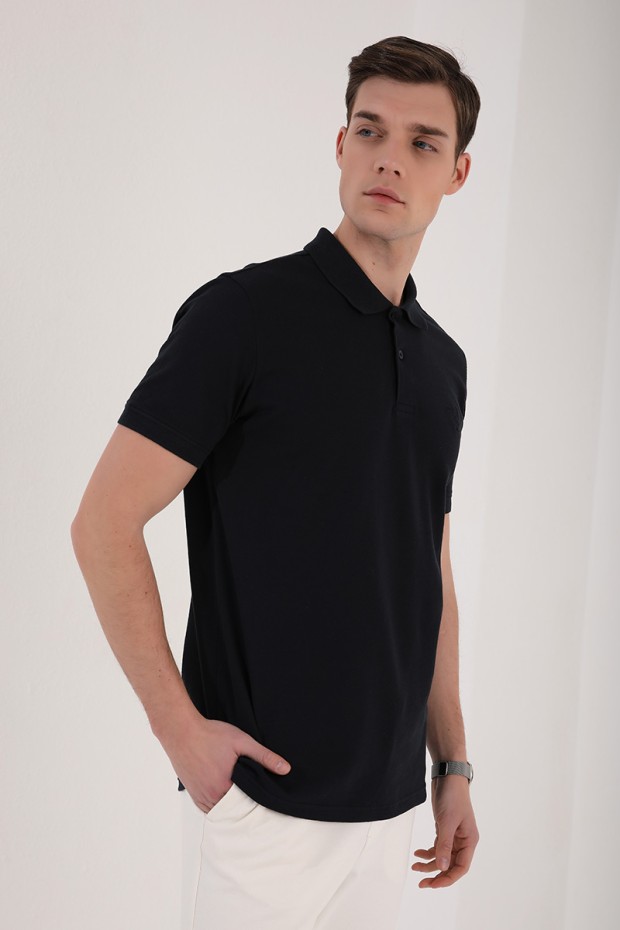 Lacivert Klasik Black Yazı Nakışlı Standart Kalıp Polo Yaka Erkek T-Shirt - 87760