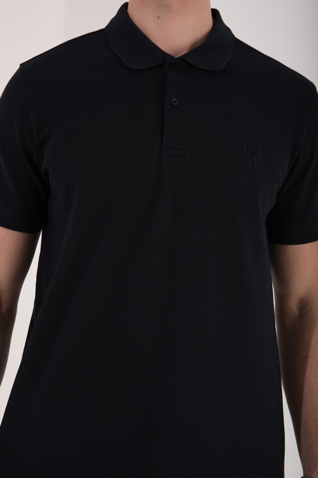 Lacivert Klasik Black Yazı Nakışlı Standart Kalıp Polo Yaka Erkek T-Shirt - 87760