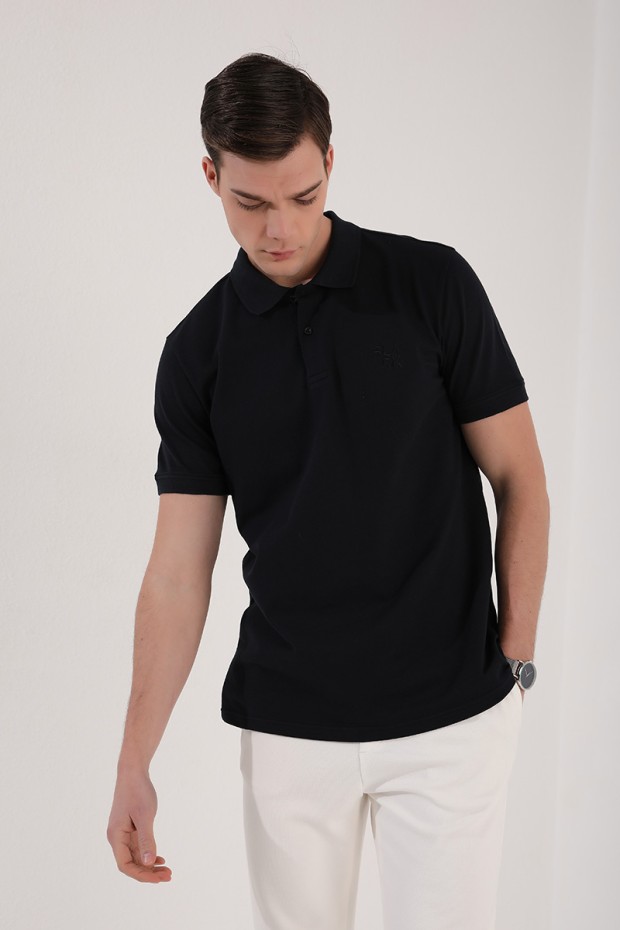 Lacivert Klasik Black Yazı Nakışlı Standart Kalıp Polo Yaka Erkek T-Shirt - 87760