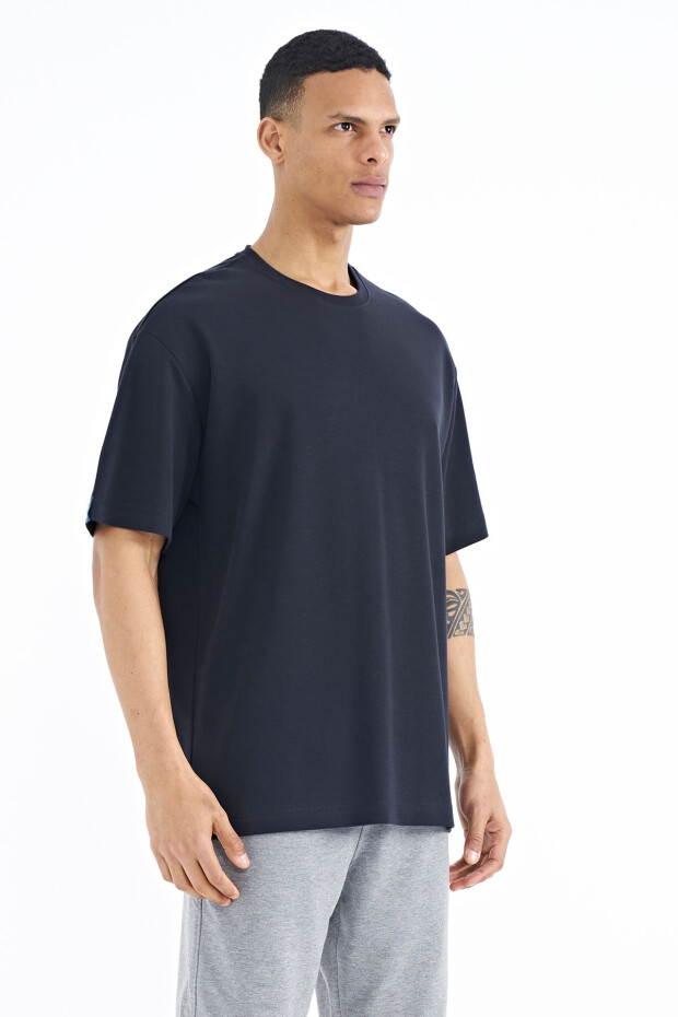 Lacivert Kol Arma Detaylı Basic Oversize Erkek T-Shirt - 88193 - 4