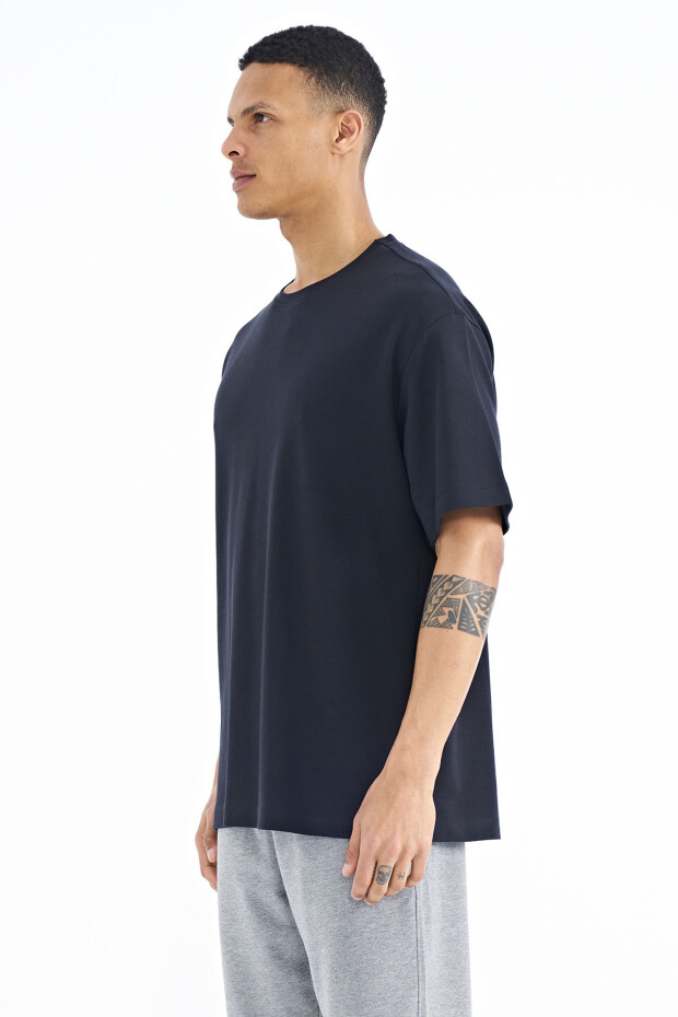 Lacivert Kol Arma Detaylı Basic Oversize Erkek T-Shirt - 88193 - 5