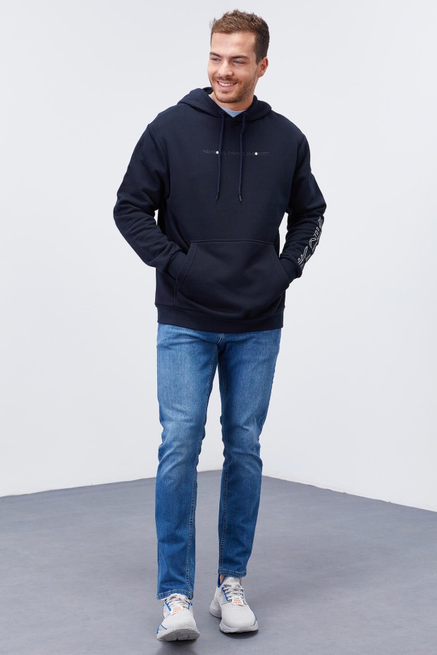 Lacivert Kol Baskılı Kapüşonlu Rahat Form Erkek Sweatshirt - 88038
