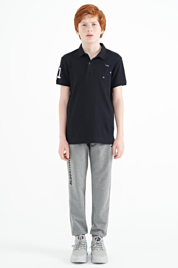 Lacivert Kol Gögüs Nakış Detaylı Standart Kalıp Polo Yaka Erkek Çocuk T-Shirt - 11086