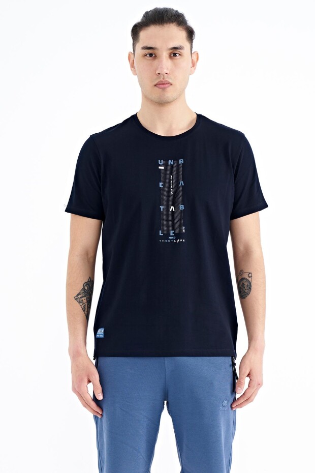 Lacivert Kol Şerit Detaylı O Yaka Standart Kalıp Erkek T-shirt - 88234