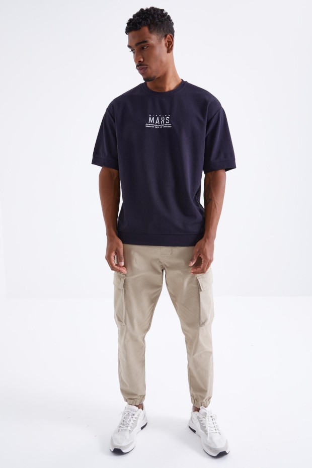 Lacivert Mars Yazı Nakışlı O Yaka Erkek Oversize T-Shirt - 88104