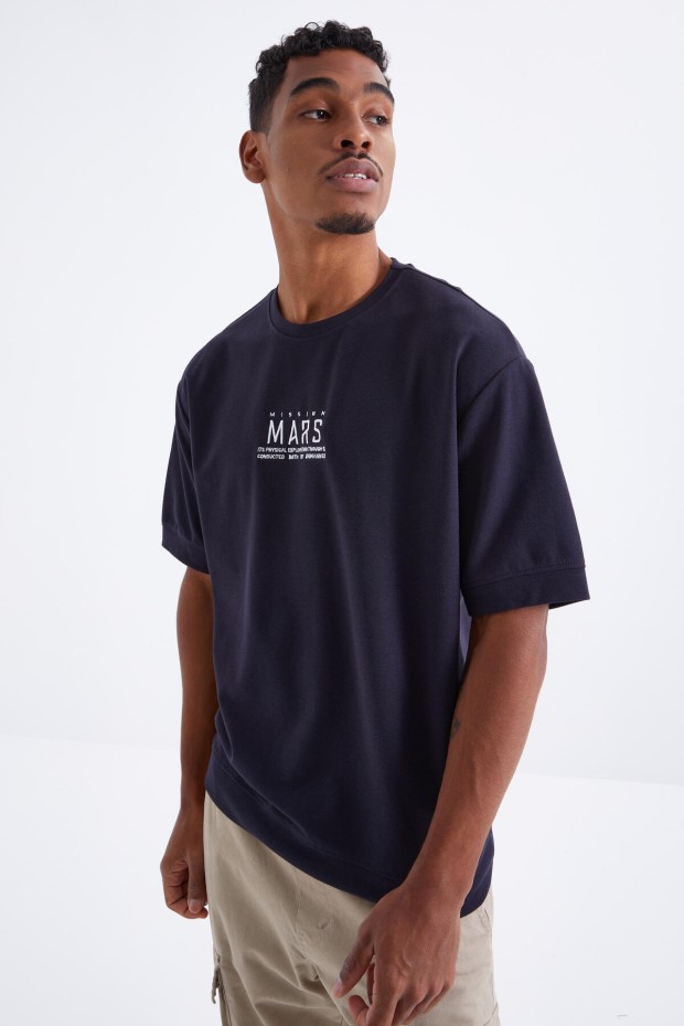 Lacivert Mars Yazı Nakışlı O Yaka Erkek Oversize T-Shirt - 88104