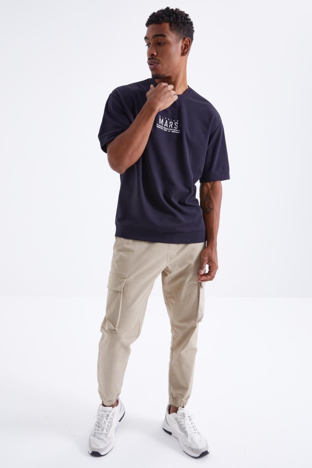 Lacivert Mars Yazı Nakışlı O Yaka Erkek Oversize T-Shirt - 88104