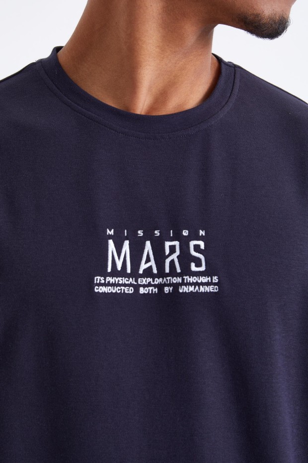 Lacivert Mars Yazı Nakışlı O Yaka Erkek Oversize T-Shirt - 88104