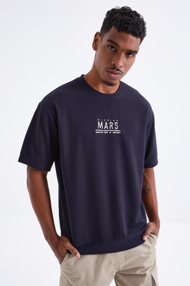 Lacivert Mars Yazı Nakışlı O Yaka Erkek Oversize T-Shirt - 88104