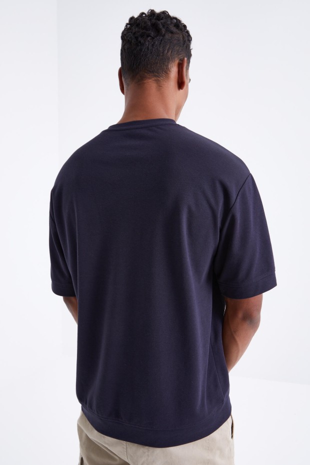 Lacivert Mars Yazı Nakışlı O Yaka Erkek Oversize T-Shirt - 88104