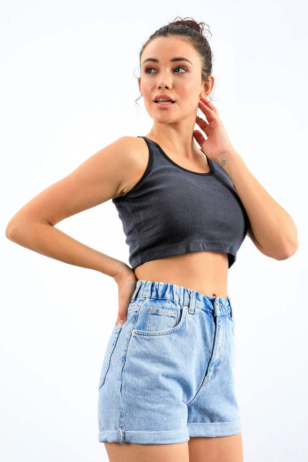 Lacivert Melanj Basic Sıfır Kol Dar Kalıp U Yaka Kadın Crop Top Atlet - 97162 - 2
