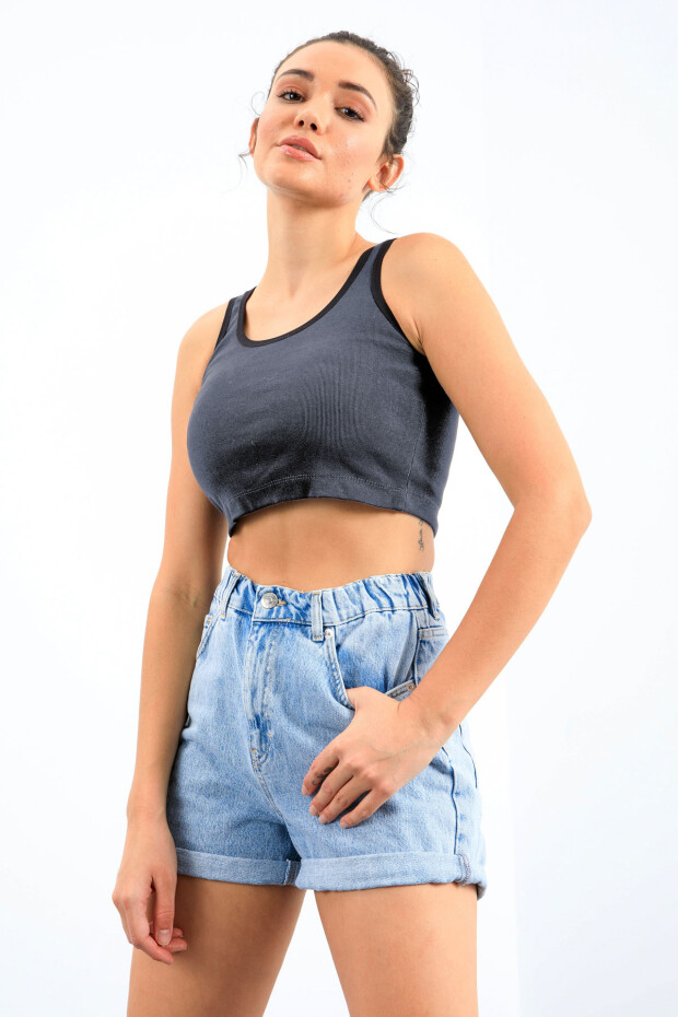 Lacivert Melanj Basic Sıfır Kol Dar Kalıp U Yaka Kadın Crop Top Atlet - 97162 - 4