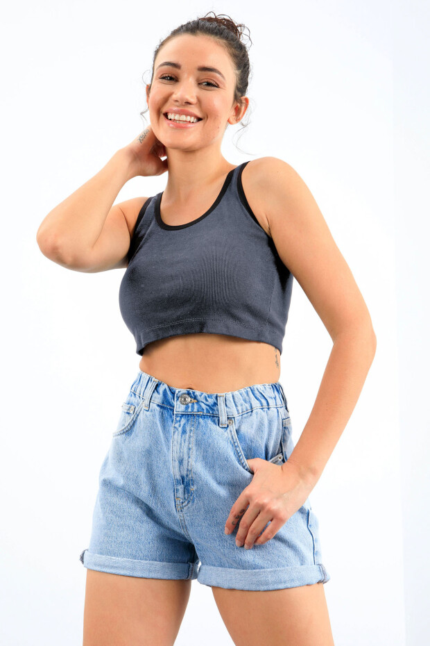 Lacivert Melanj Basic Sıfır Kol Dar Kalıp U Yaka Kadın Crop Top Atlet - 97162 - 5