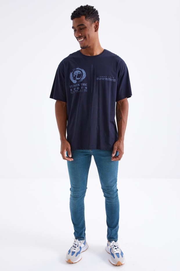 Lacivert Minimal Baskılı O Yaka Erkek Oversize T-Shirt - 88096