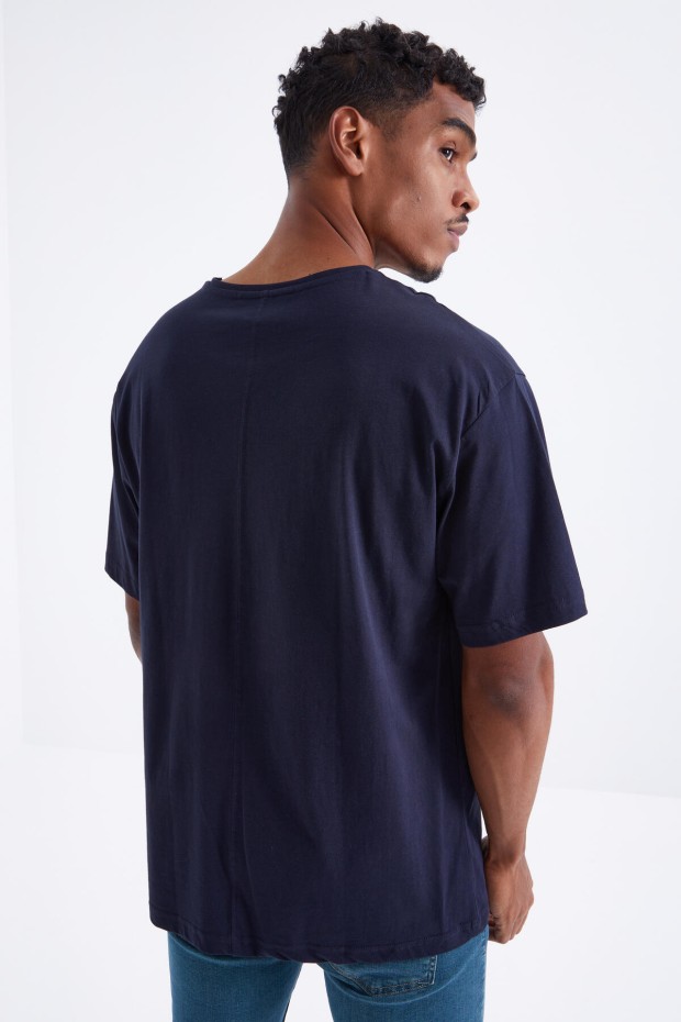 Lacivert Minimal Baskılı O Yaka Erkek Oversize T-Shirt - 88096