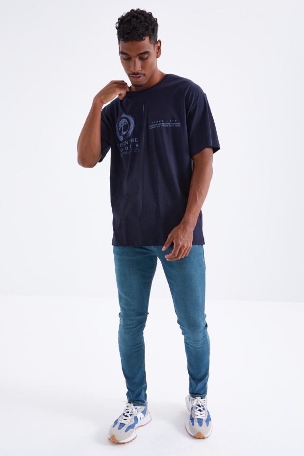 Lacivert Minimal Baskılı O Yaka Erkek Oversize T-Shirt - 88096