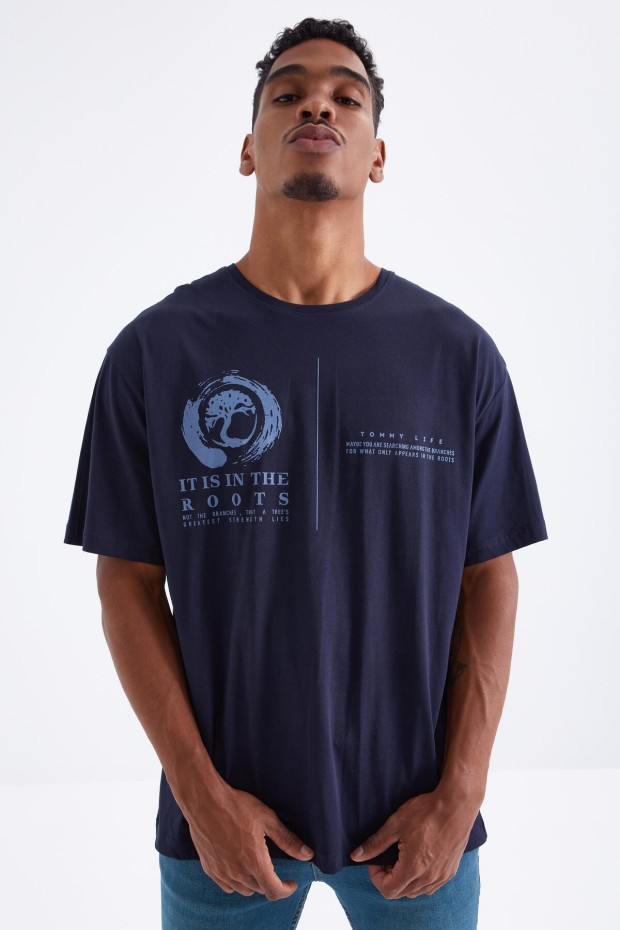 Lacivert Minimal Baskılı O Yaka Erkek Oversize T-Shirt - 88096
