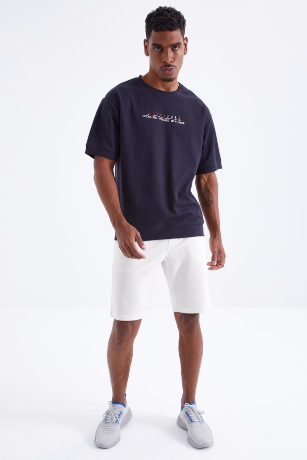 Lacivert Minimal Yazı Nakışlı O Yaka Erkek Oversize T-Shirt - 88106