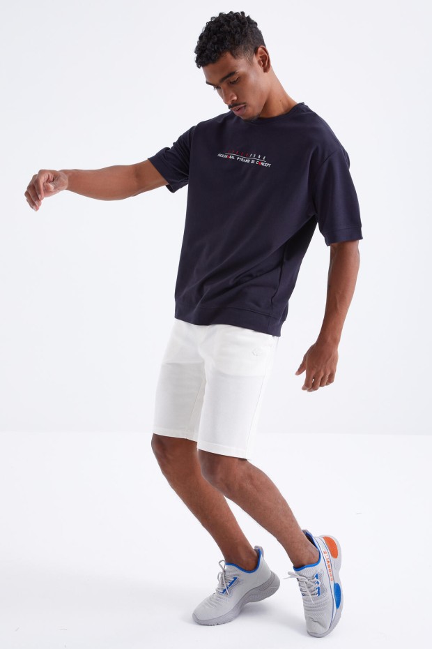 Lacivert Minimal Yazı Nakışlı O Yaka Erkek Oversize T-Shirt - 88106
