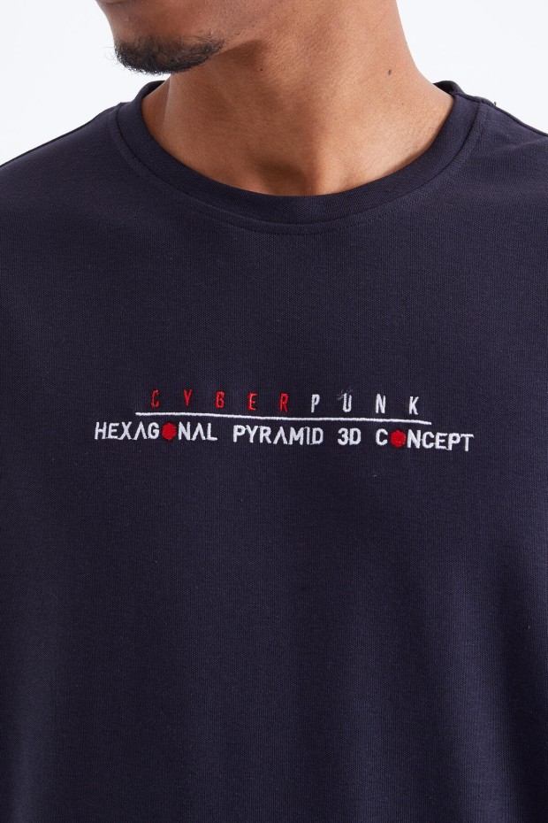 Lacivert Minimal Yazı Nakışlı O Yaka Erkek Oversize T-Shirt - 88106