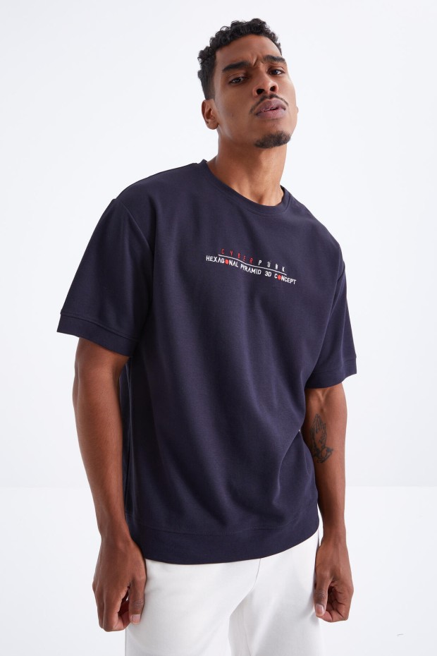 Lacivert Minimal Yazı Nakışlı O Yaka Erkek Oversize T-Shirt - 88106