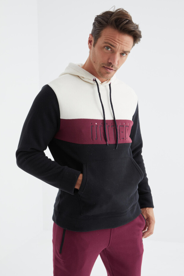 Lacivert Nakış Detaylı Kapüşonlu Kanguru Cepli Erkek Polar Sweatshirt - 88155