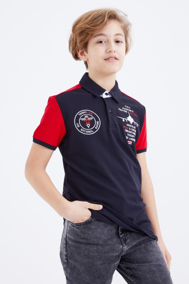 Lacivert Nakış Detaylı Kısa Kollu Polo Yaka Erkek Çocuk T-Shirt - 10906