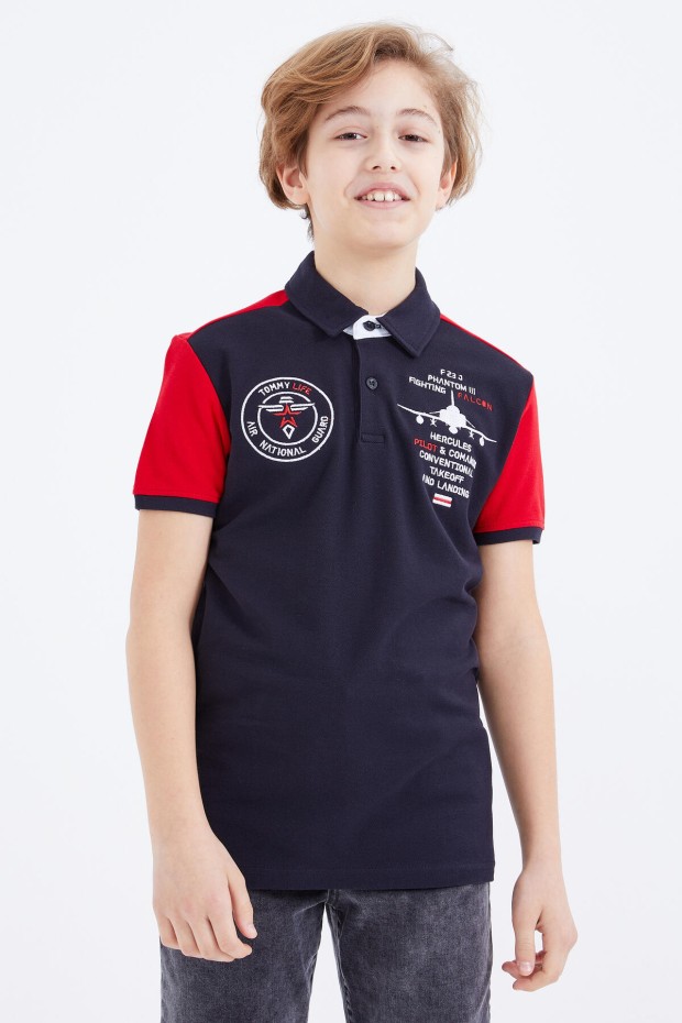 Lacivert Nakış Detaylı Kısa Kollu Polo Yaka Erkek Çocuk T-Shirt - 10906