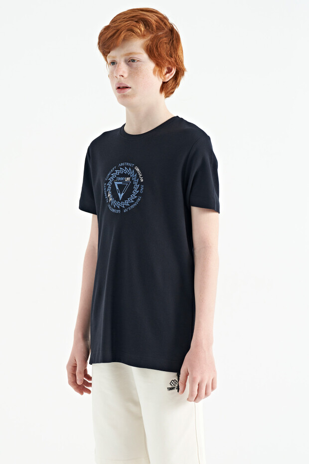 Lacivert Nakış İşleme Detaylı O Yaka Standart Kalıp Erkek Çocuk T-Shirt - 11115 - 4