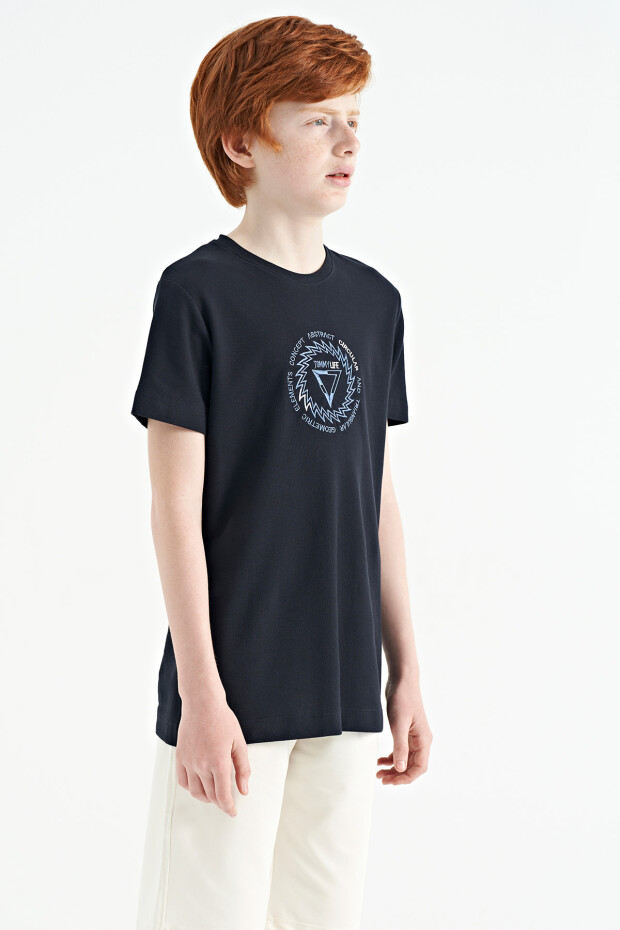 Lacivert Nakış İşleme Detaylı O Yaka Standart Kalıp Erkek Çocuk T-Shirt - 11115 - 5
