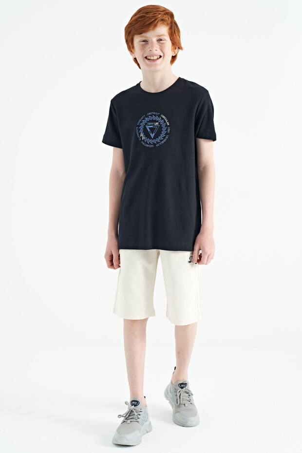 Lacivert Nakış İşleme Detaylı O Yaka Standart Kalıp Erkek Çocuk T-Shirt - 11115 - 6