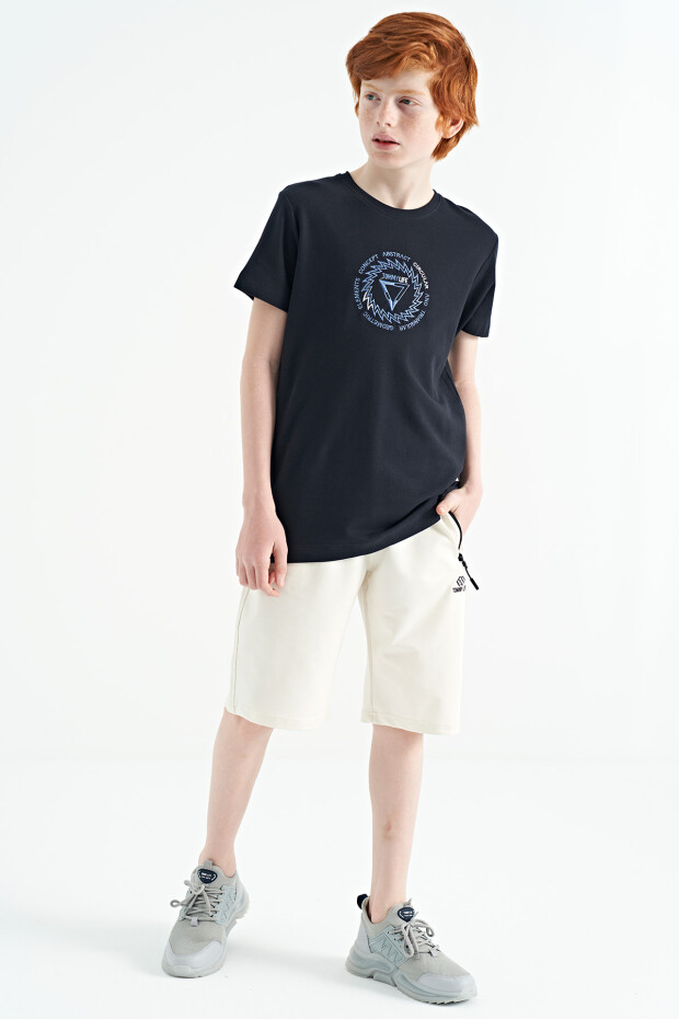 Lacivert Nakış İşleme Detaylı O Yaka Standart Kalıp Erkek Çocuk T-Shirt - 11115 - 7