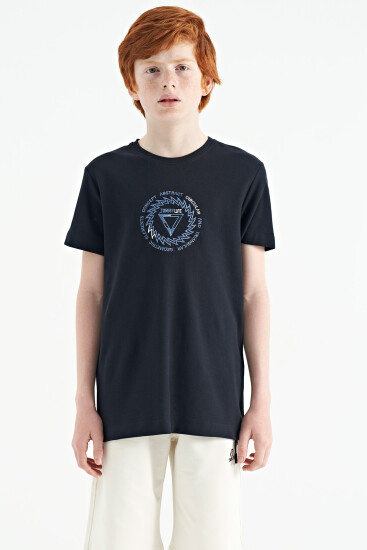 Lacivert Nakış İşleme Detaylı O Yaka Standart Kalıp Erkek Çocuk T-Shirt - 11115 