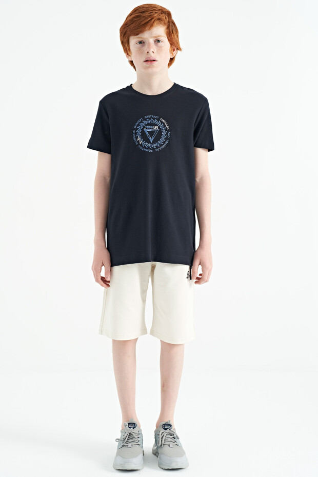 Lacivert Nakış İşleme Detaylı O Yaka Standart Kalıp Erkek Çocuk T-Shirt - 11115 - 2