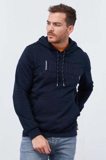 Lacivert Nakışlı Kanguru Cep Standart Kalıp Kapüşonlu Erkek Sweatshirt - 87839 