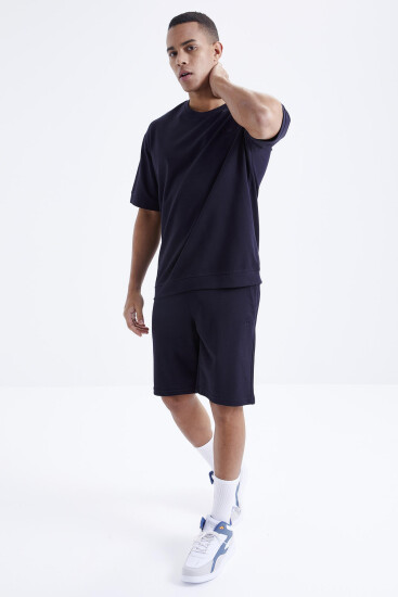 Lacivert O Yaka Oversize Bermuda Erkek Şort Takım - 85164 