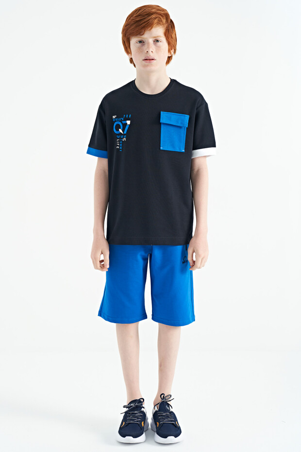 Lacivert O Yaka Oversize Cep Detaylı Erkek Çocuk T-Shirt - 11152