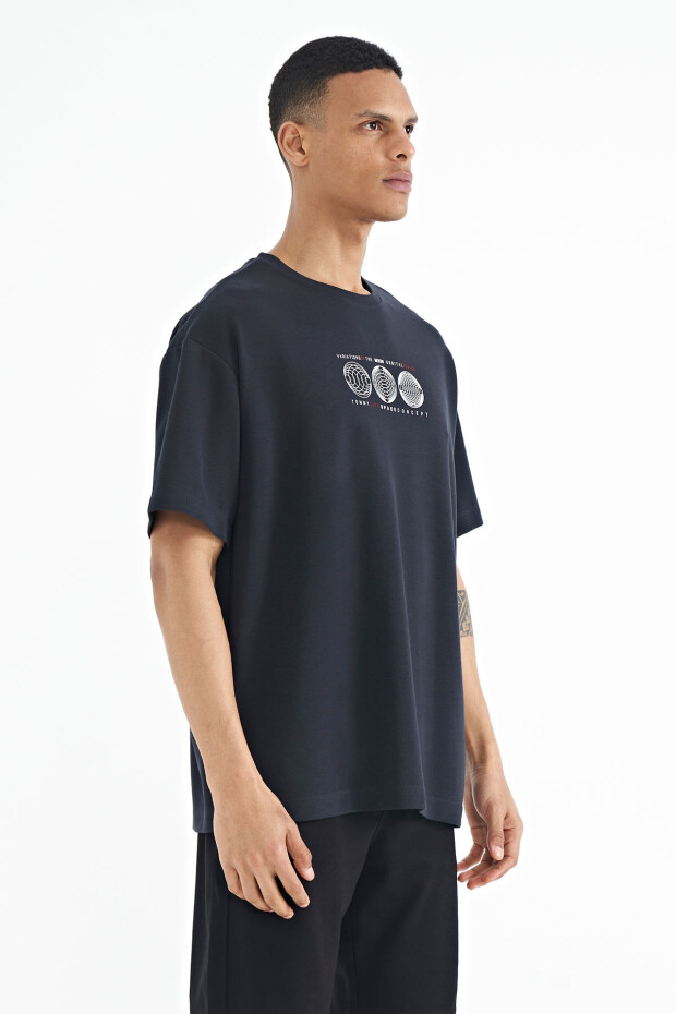 Lacivert Ön Arka Baskılı O Yaka Oversize Erkek T-shirt - 88224