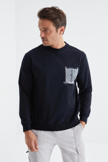 Lacivert Ön Baskılı O Yaka Rahat Form Erkek Sweatshirt - 88146 