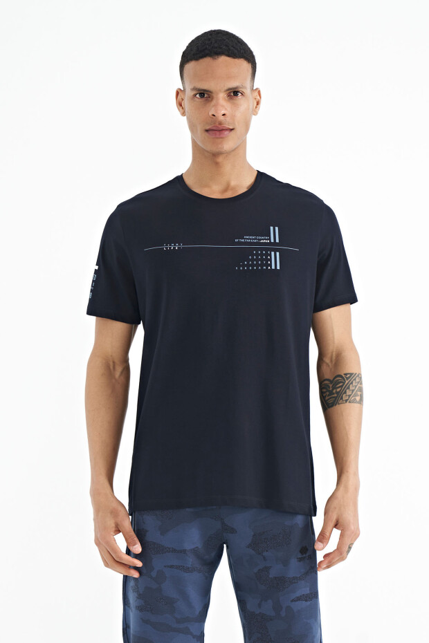 Lacivert Ön Ve Kol Baskı Detaylı Standart Form O Yaka Erkek T-shirt - 88213