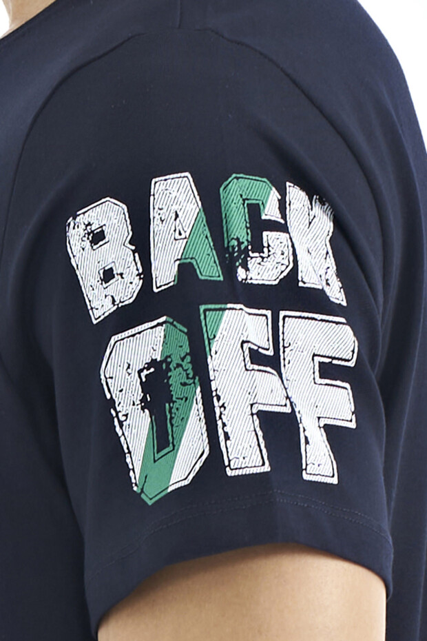 Lacivert Ön ve Tek Kol Baskı Detaylı O Yaka Erkek T-shirt - 88176