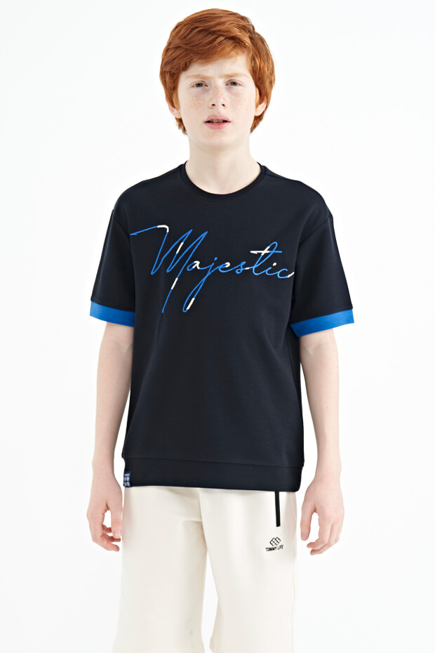 Lacivert Ön Yazı Nakışlı O Yaka Oversize Erkek Çocuk T-Shirt - 11147