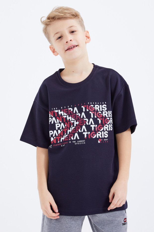 Lacivert Oversize Yazı Baskılı Kısa Kollu O Yaka Erkek Çocuk T-Shirt - 10930