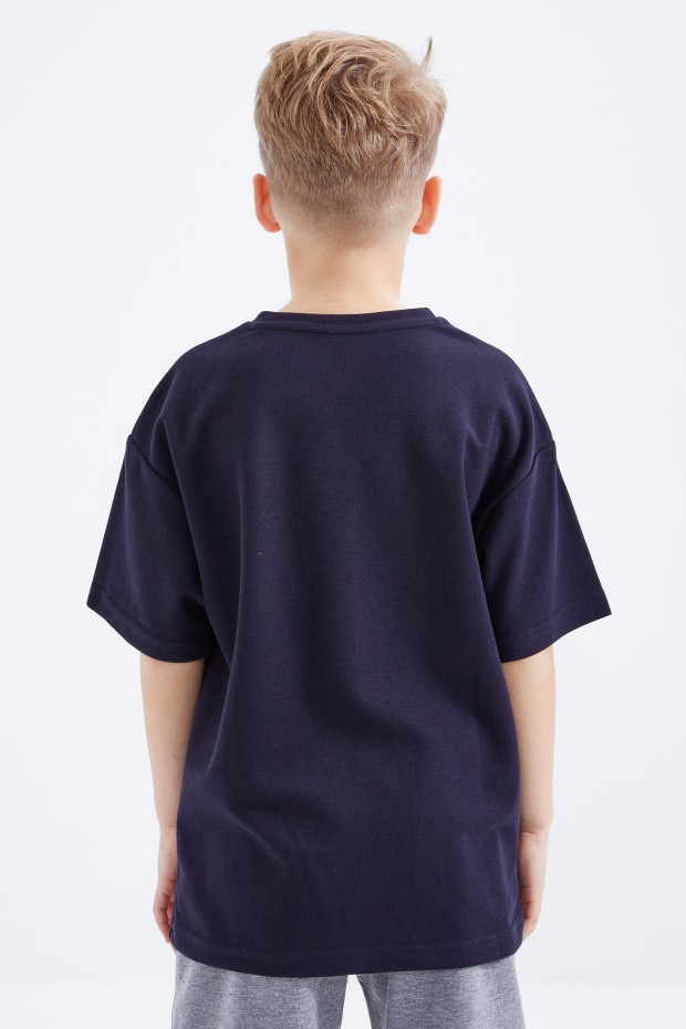 Lacivert Oversize Yazı Baskılı Kısa Kollu O Yaka Erkek Çocuk T-Shirt - 10930