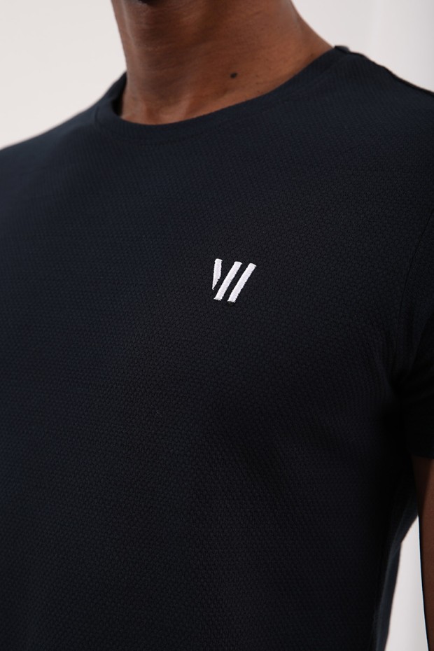 Lacivert Petek Dokulu Çift Ok Logolu Standart Kalıp O Yaka Erkek T-Shirt - 87921