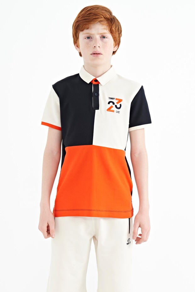 Lacivert Renk Bloklu Nakış Detaylı Standart Kalıp Polo Yaka Erkek Çocuk T-Shirt - 11108