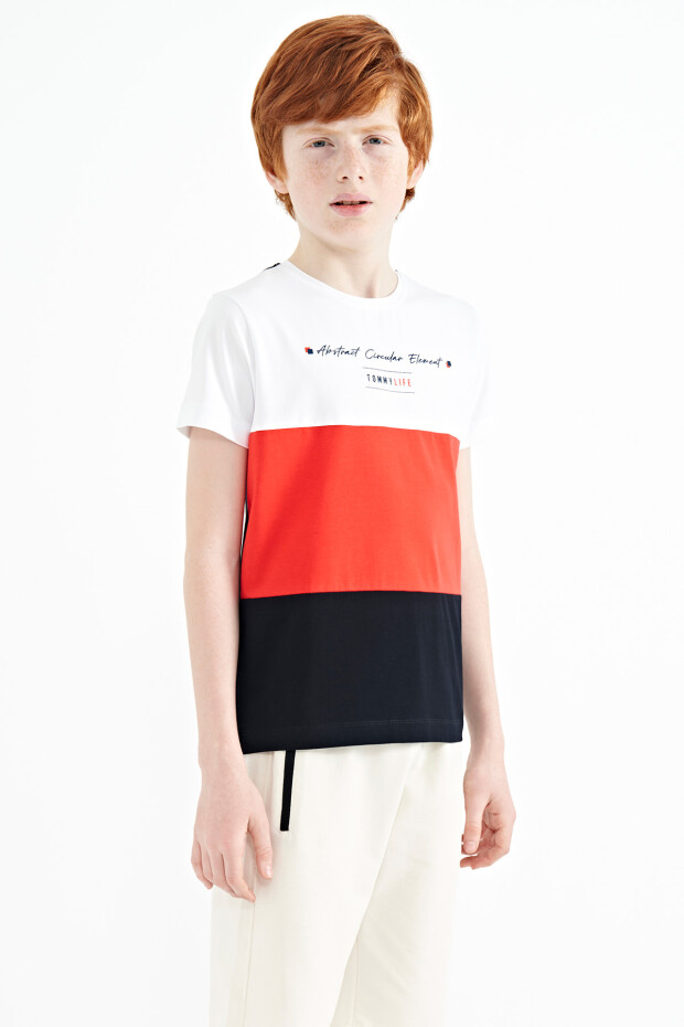 Lacivert Renk Bloklu O Yaka Baskı Detaylı Standart Kalıp Erkek Çocuk T-Shirt - 11135 - 7