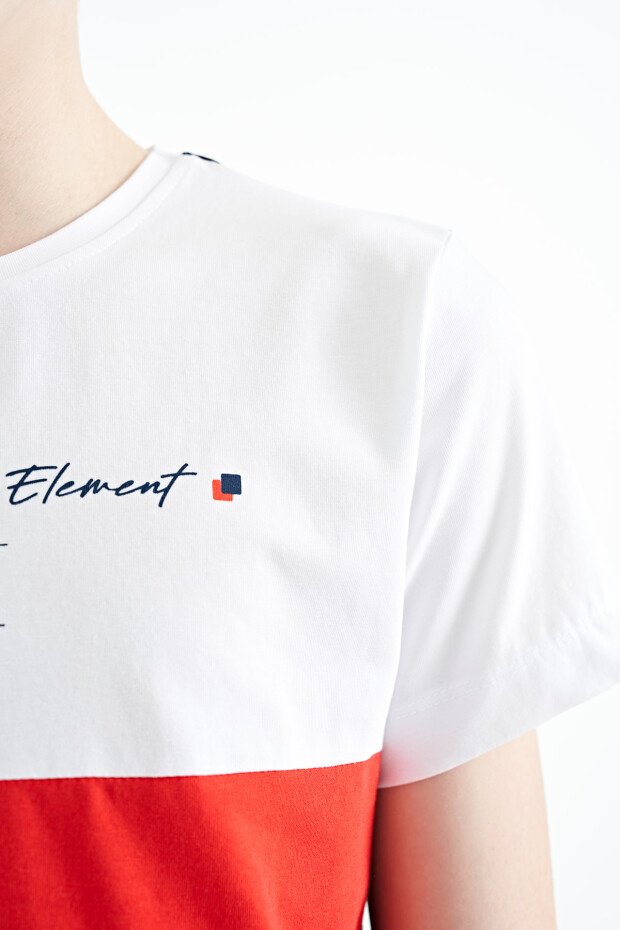 Lacivert Renk Bloklu O Yaka Baskı Detaylı Standart Kalıp Erkek Çocuk T-Shirt - 11135 - 3
