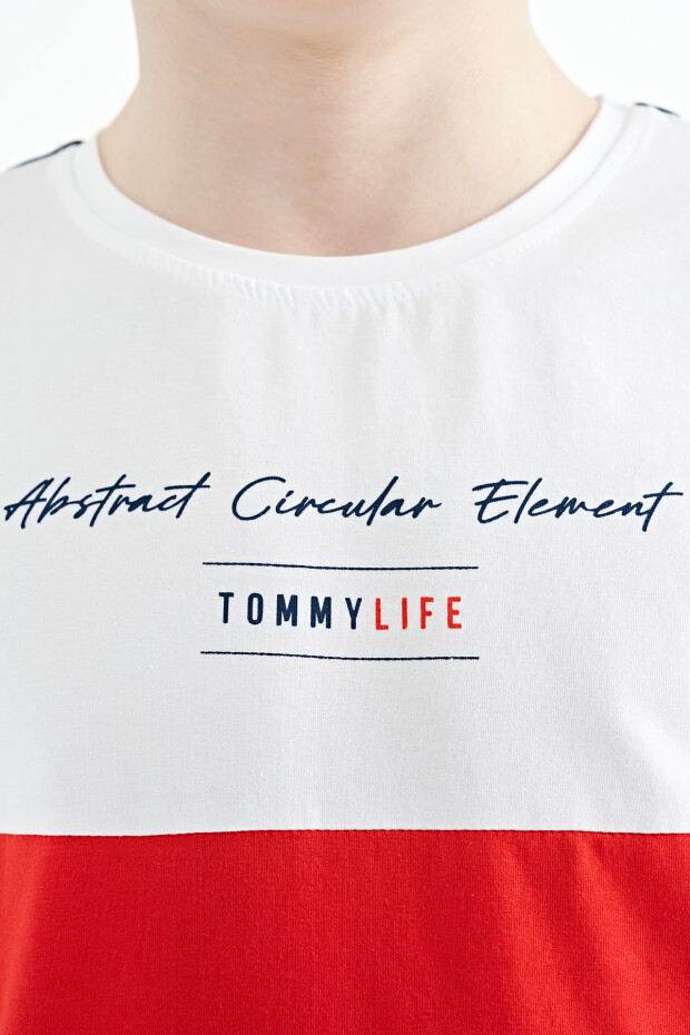 Lacivert Renk Bloklu O Yaka Baskı Detaylı Standart Kalıp Erkek Çocuk T-Shirt - 11135 - 5