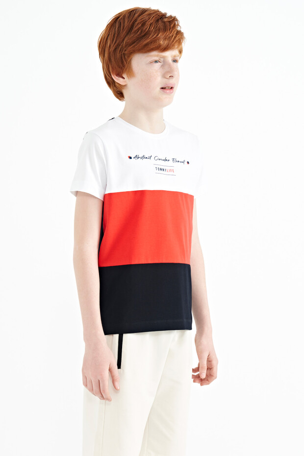 Lacivert Renk Bloklu O Yaka Baskı Detaylı Standart Kalıp Erkek Çocuk T-Shirt - 11135 - 6